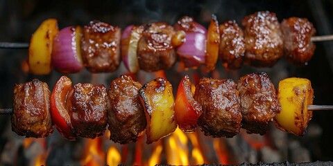 Sizzling barbecue skewers grilling over open flames, glazed with a rich sauce, with vibrant veggies. Smoky, juicy, and mouthwatering—perfect for a menu advertisement