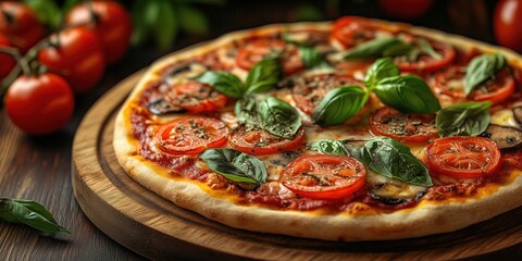 Delicious, cheesy pizza with crispy crust and fresh toppings, served hot. Visually appealing and mouthwatering perfect for a menu advertisement