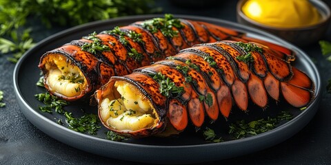 Perfectly grilled lobster with golden butter glaze, served with fresh herbs and lemon. Juicy, flavorful, and elegant ideal for a menu advertisement