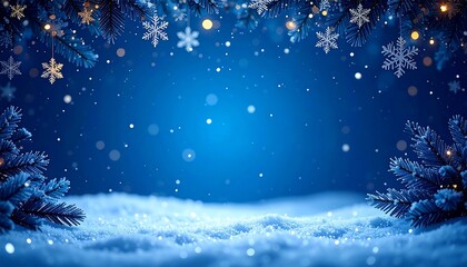 Magical Winter Wonderland Scene with Snowflakes and Christmas Tree Branches