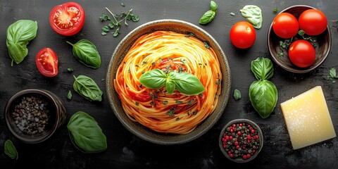 Delicious spaghetti plated beautifully with rich sauce, fresh herbs, and parmesan. Mouthwatering and visually appealing—perfect for a menu advertisement