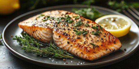 Perfectly seared salmon steak with crispy skin, garnished with fresh herbs and lemon. Delicious, healthy, and visually appealing perfect for a menu advertisement