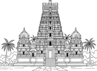 South Indian Hindu Temple Line Art Illustration, Traditional Dravidian Gopuram Architectural Sarangapani Temple outlinewith Palm Trees, Isolated on White Background, Vector Drawing
