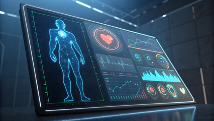 Futuristic medical display showing human anatomy heart rate and vital signs image technology, background, new, latest, web, ai background, futuristic hud, cyber security, neural network, data tech,
ai