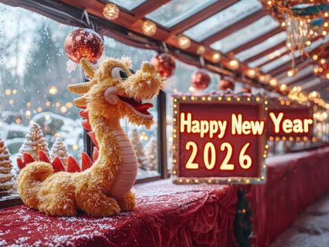 A fuzzy yellow dragon figurine sits on a red-covered table, near a window with snowy winter scenery outside. A sign wishing Happy New Year 2026 is displayed in front of the window