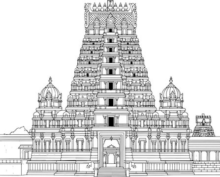 South Indian Hindu Temple Line Art, Traditional Dravidian Architecture, Ancient Indian Monument Illustration, Isolated on White Background, Vector Gopuram Sarangapani Temple 