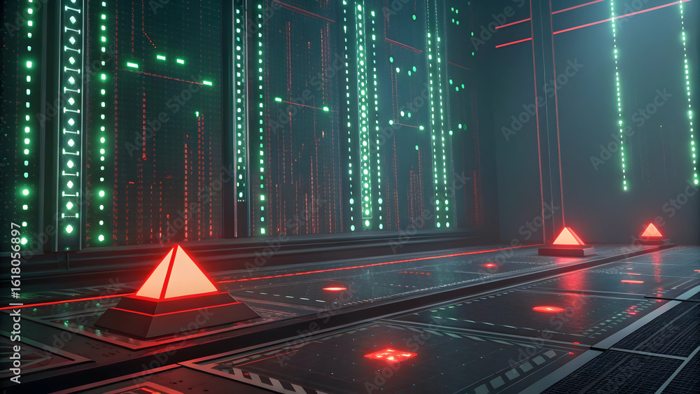 Poster futuristic server room with glowing green data streams and red alert pyramids image technology, back