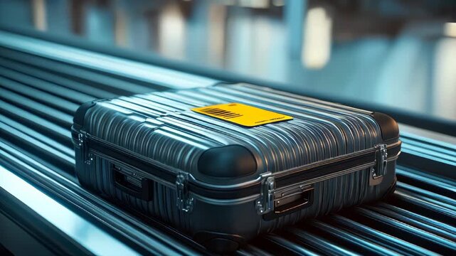 video of A top-down view of a metal hard-shell suitcase with a yellow "lost" sticker, resting on an airport conveyor belt. Represents the concept of unclaimed luggage
