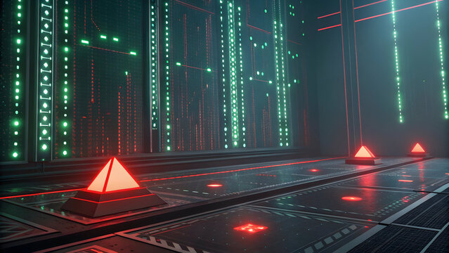 Futuristic server room with glowing green data streams and red alert pyramids image technology, background, new, latest, web, ai background, futuristic hud, cyber security, neural network, data tech