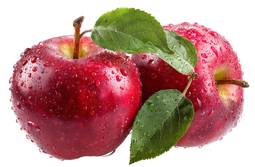 Two red apples with water droplets and green leaves on a isolated on transparent background