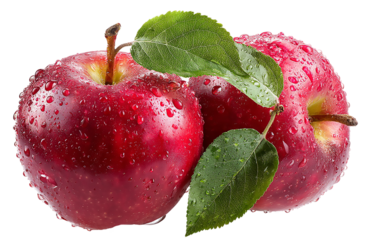 Two red apples with water droplets and green leaves on a isolated on transparent background