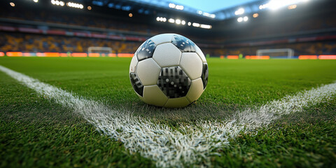 Football rests on the vast field of a grand stadium, ready for the game to begin, symbolizing passion, competition, and the excitement of the sport