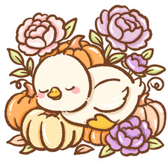 A peaceful goose sleeping among vibrant pumpkins surrounded by lush purple and pink peonies cozy autumn garden scene perfect for seasonal designs greeting cards and nature inspired artwork