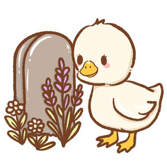 Cute goose standing beside a headstone gentle mourning scene illustration perfect for remembrance theme peaceful cemetery setting animal tribute art cozy Halloween or autumn memorial design