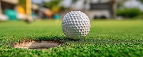 Golf ball slowly rolls toward the hole after a perfect putt, suspense building as it edges closer on the green