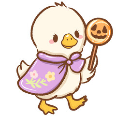 A cute goose wearing a flowing purple cape holding a jack o lantern lollipop playful Halloween costume scene perfect for seasonal designs festive decorations childrens party artwork projects