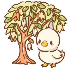 A charming goose standing beneath a tree blooming with multicolored flowers in an enchanted forest magical nature scene perfect for fantasy designs childrens books and whimsical artwork projects