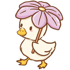 A cute goose using a giant purple flower as an umbrella charming whimsical nature scene perfect for spring and summer designs children books greeting cards and delightful floral artwork projects