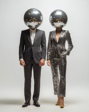 Man and woman with disco ball heads. Celebration party and entertainment concept. Fashion style for a fun social event.