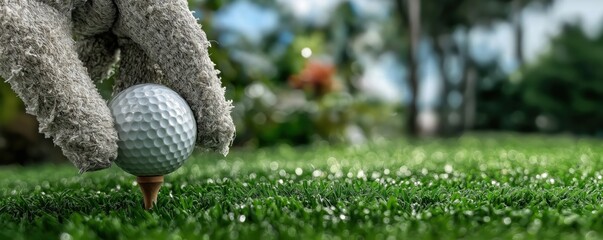 Golfer places the ball on the tee at the T-off area, preparing to start the hole during a professional tournament
