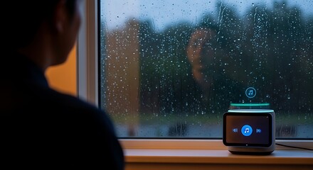Person interacting with a smart device on a rainy day, enjoying music and home automation