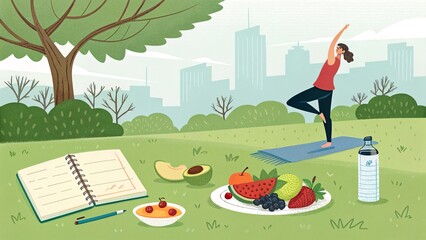 Balanced lifestyle activity in park with yoga, healthy food, and wellness planning during sunny day