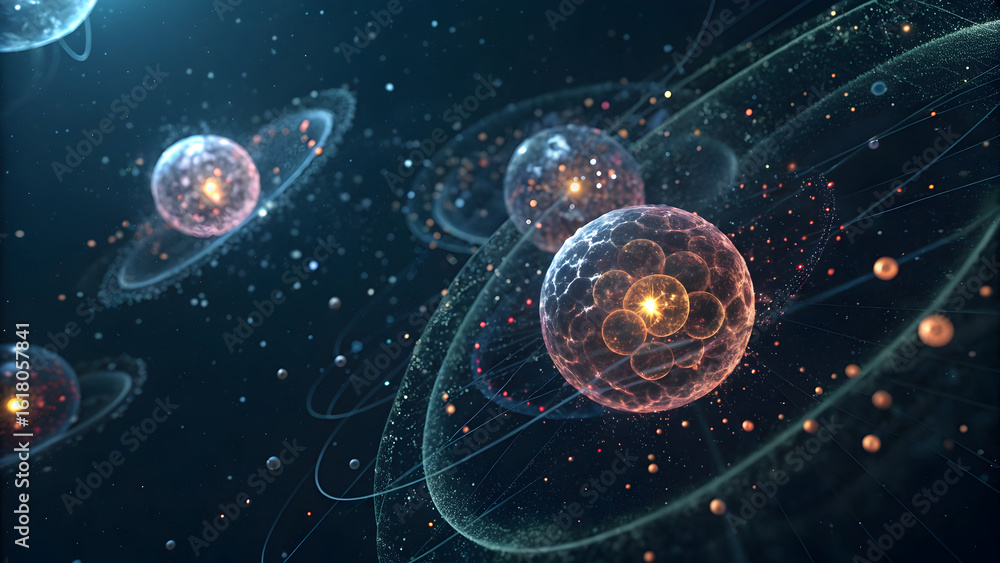 Poster glowing cellular structures with orbiting energy rings and particles science technology technology, 