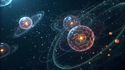 Glowing cellular structures with orbiting energy rings and particles science technology technology, background, new, latest, web, ai background, futuristic hud, cyber security, neural network, data 
