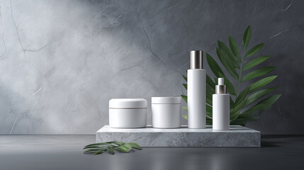 A set of blank, matte white cosmetic bottles and jars are elegantly arranged on a grey marble surface, with a single green leaf and soft shadows for a natural feel.