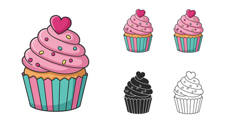 Colorful Cupcake Vector Illustration with Pink Frosting and Heart Topper