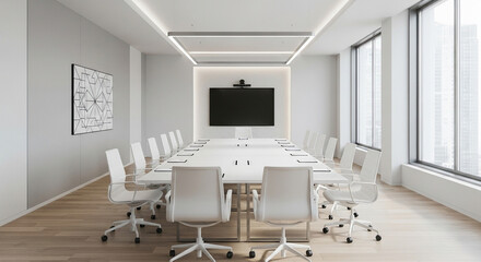 Fototapeta premium A bright and modern conference room with a large table and white chairs and a big screen on the wall