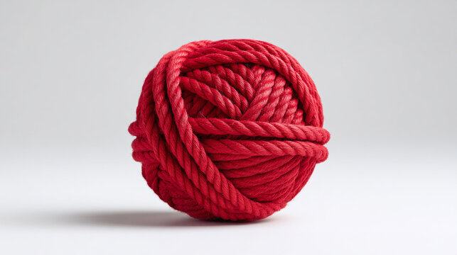 Red rope ball on white background — symbol of entanglement, complexity, and constraint, conceptual minimalist still life with studio lighting