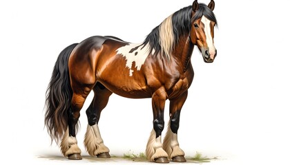 Obraz premium Majestic Brown and White Horse with a Flowing Mane Standing Proudly on White