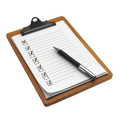 Professional checklist with pen on clipboard, marking tasks complete, ideal for business planning and task management