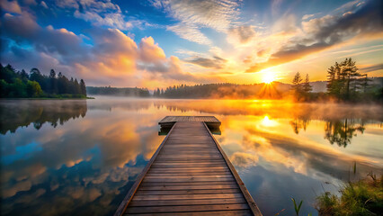 Misty Lake Sunrise View From Wooden Dock With Golden Reflections