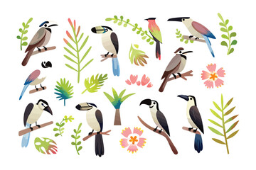 Exotic Birds and Lush Foliage: A vibrant collection of exotic birds, each uniquely feathered, perch amidst a tapestry of lush tropical foliage, a celebration of nature's artistry.