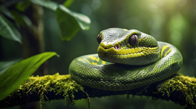 Green snake  tree python coiled on branch, perfect for wildlife prints and education.


