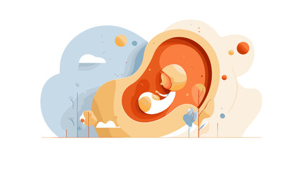 Obraz premium Abstract illustration of a fetus surrounded by colorful shapes and clouds 