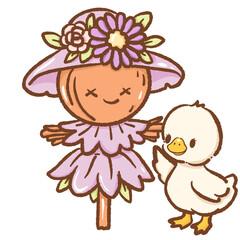 Cute flower scarecrow with pumpkin head and friendly goose adorable pastel autumn illustration perfect for fall harvest garden theme cozy Halloween countryside character and seasonal design