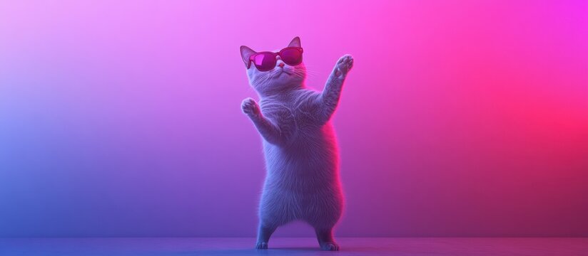 Cat wearing sunglasses, standing on hind legs, with vibrant neon lighting