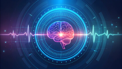 Glowing brain pulsing with digital energy and heartbeat lines image technology, background, new, latest, web, ai background, futuristic hud, cyber security, neural network, data tech,ai background