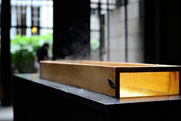 Wooden trough with interior light, steam, and blurry exterior