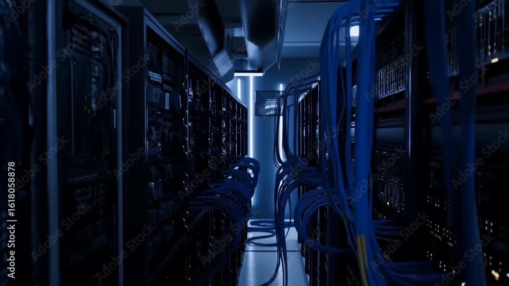 Poster data center servers with blue network cables and cold aisle lighting in high performance computing f