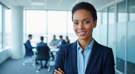 Confident businesswoman in office suit with arms crossed, standing in corporate environment