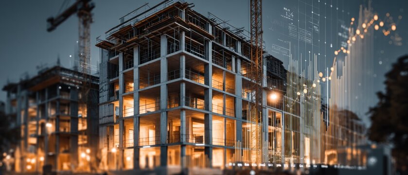 Construction site of building at night with data overlays
