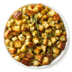 Homemade stuffing with herbs and onions served in a white bowl