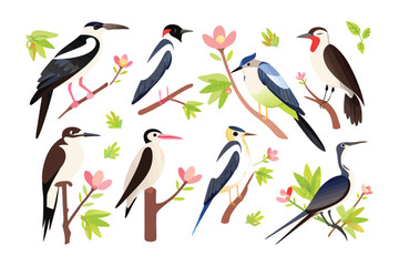 Birds in Floral Paradise: A vibrant composition showcases a collection of meticulously illustrated birds perching among delicate floral arrangements.