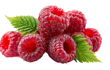 A close up of fresh raspberries with green leaves on a  isolated on transparent background