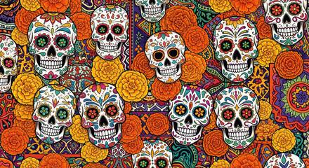 A vibrant and colorful seamless pattern celebrating the Mexican holiday, Day of the Dead (Dia de los Muertos). The festive folk art design features intricately decorated sugar skulls, or calaveras.