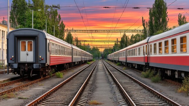 Two passenger trains parked on parallel railway tracks during sunset with colorful sky